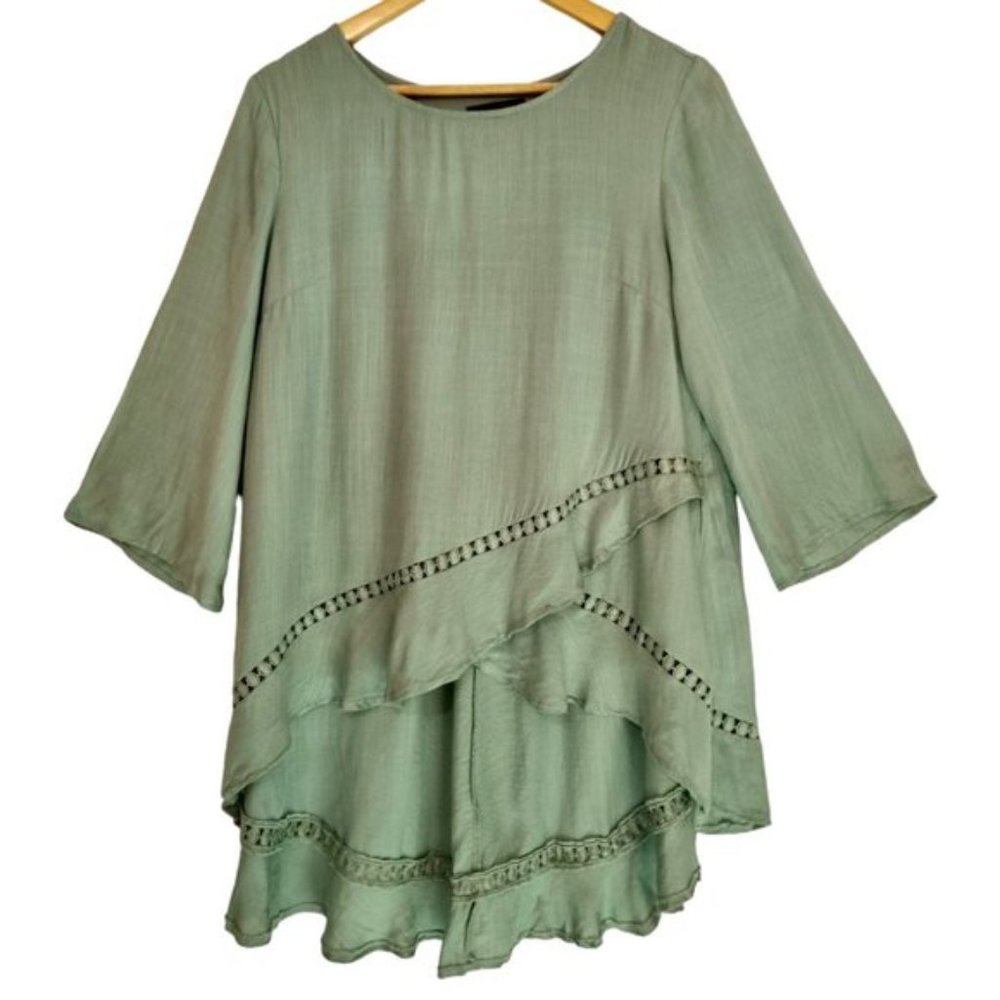 CAROLINE MORGAN Sage Green Short Sleeve Lace Detail Asymmetric Top - Size 10